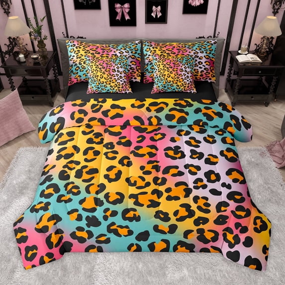Manfei Abstract Cheetah Print 7pcs Bedding Comforter Set for Boys Girls,Wildlife Print Queen Bedding Sets Super Cozy,Gradient Ombre Queen Sheet Sets,Lightweight Room Decor,Reversible