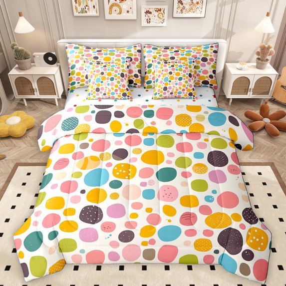 Manfei Abstract Circle 7-Piece Bedding Comforter Set,Multicolor Circular King Bedding Sets,Colorful Polka Dots Bed Sheets For Teens,Super Cozy Room Decor Reversible