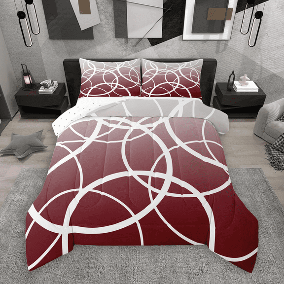 Manfei Abstract Circle Queen Comforter Set 3 Pieces, Gray Red Ombre Bedding Sets, Geometric Line Bedding Comforter Set, Luxury Bedroom Decor