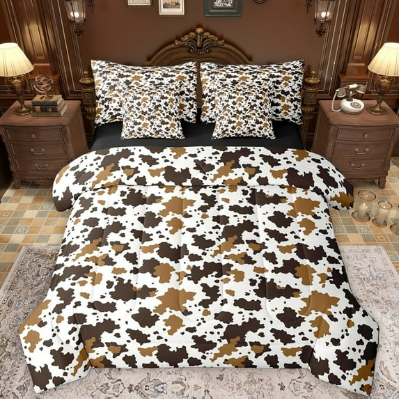 Manfei Abstract Cow Hide 7-Piece Bedding Comforter Set,Rustic Farmhouse Cabin King Bedding Sets,White Brown Bed Sheets For Boys Girls,Microfiber Bedroom Decor Reversible