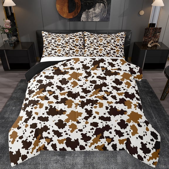 Manfei Abstract Cow Hide Bedding Comforter Set,Rustic Farmhouse Cabin Twin Comforter Sets,White Brown Bedding Set For Boys Girls,Microfiber Bedroom Decor Reversible,2pcs