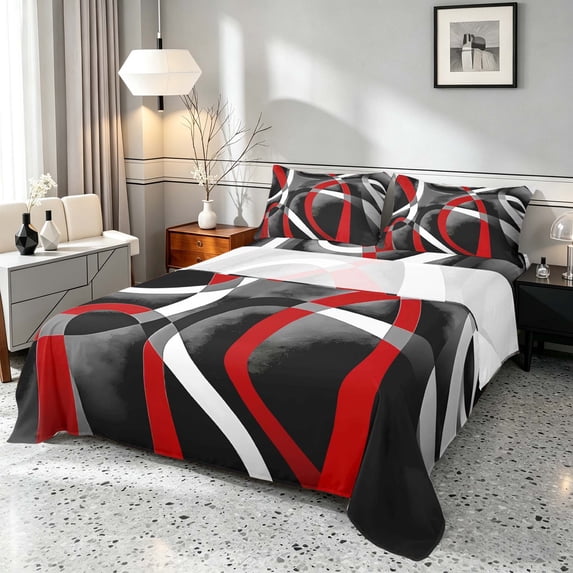 Manfei Abstract Curved Line Bed Sheets, Red Black White Gray Fuul Size Sheets, Black Reversible 4pcs1 Flat Sheet + 1 Fitted Sheet + 2 Pillowcases
