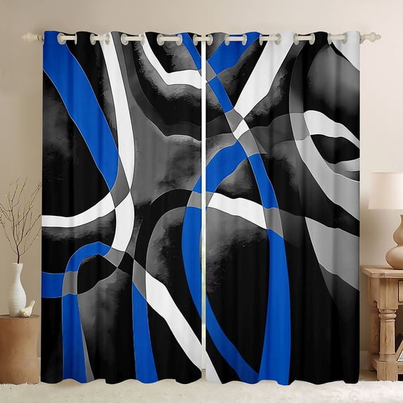 Manfei Abstract Curved Line Blackout Curtains Set of 2 (52x84 Each),Blue Black White Gray Curtain
