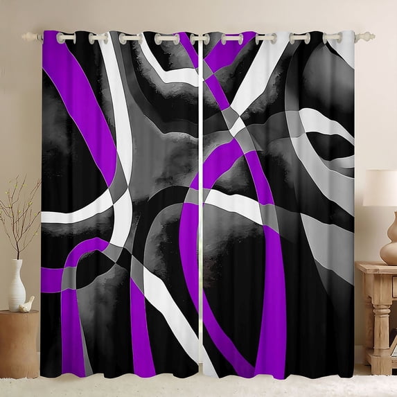 Manfei Abstract Curved Line Kitchen Curtains,Purple Black White Gray Black Out Curtains Pack of 2 (42x63 Each)