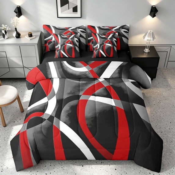 Manfei Abstract Curved Line Queen Bedding, Red Black White Gray Bedding Comforter Set Queen, Black Reversible 7 Pieces