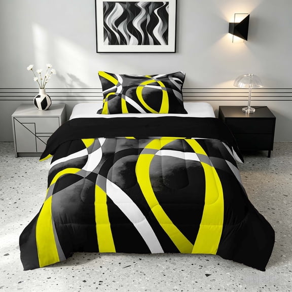 Manfei Abstract Curved Line Twin Comforter Sets,Yellow Black White Gray Bedding Set, Black Reversible 2-Piece, 1 Comforter and 1 Pillowcase