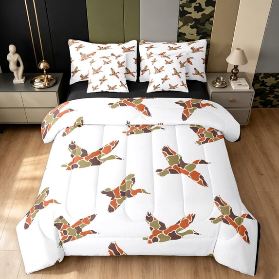 Manfei Abstract Duck Camo Queen Bedding, Contemporary Art Camouflage Bedding Comforter Set Queen, White Tan, Black Reversible, 7 Pieces