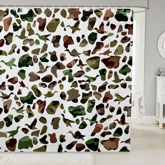 Manfei Abstract Duck Camo Shower Curtain 72Wx72L, Countryside Camouflage Shower Curtain 72Wx72L, White Green