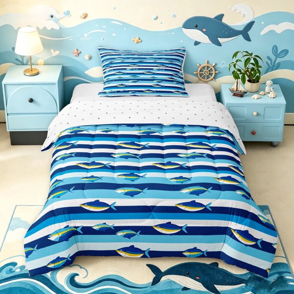 Manfei Abstract Fish Twin Comforter Sets, Nautical Animal Bedding Set, Blue, Reversible, 2 Pieces, 1 Comforter and 1 Pillowcase