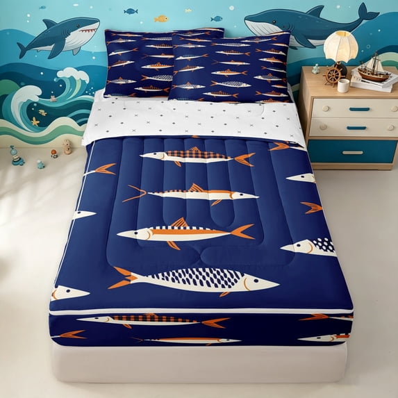 Manfei Abstract Fish Zipper Queen Comforter Set with Fitted Sheet and 2 Pillowcases, Marine Animal Zipper Bedding Set, Navy Orange, Reversible, 4 Pieces