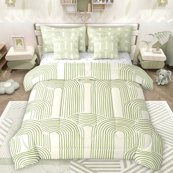 Manfei Abstract Geometric 7-Piece Twin Bedding Sets,Retro Stripes Pattern Bedding Comforter Set,Green Lines Sheet Sets For Teens,Breathable Home Decor Reversible