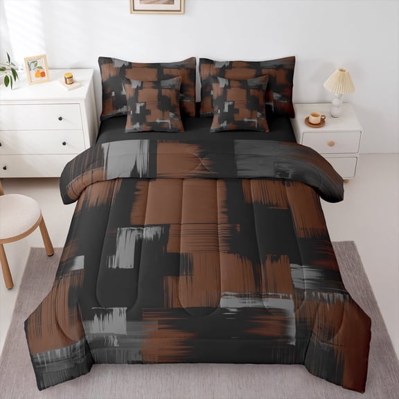 Manfei Abstract Geometric Art 7 Pieces Bedding Comforter Set,Minimalist Desgin Full Bedding Set,Brown Black Ombre Fitted Sheet Flat Sheet For Teens,Super Cozy Room Decor Reversible