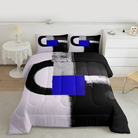 Manfei Abstract Geometric Art King Size Comforter Sets,Minimalism Desgin Bedding Comforter Set,Black Blue PurpleBedding Set For Teens,Super Cozy Room Decor Reversible,3pcs