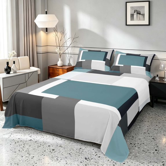 Manfei Abstract Geometric Bed Sheets, Teal Gray Black WhiteSquare Fuul Size Sheets, Black Reversible 4pcs1 Flat Sheet + 1 Fitted Sheet + 2 Pillowcases