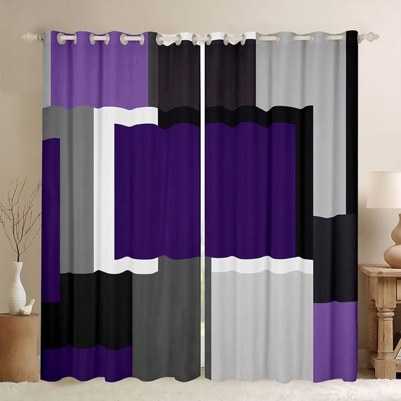 Manfei Abstract Geometric Blackout Curtains, Purple Gray Black WhiteSquare Curtains Pack of 2 (42x84 Each)