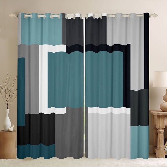 Manfei Abstract Geometric Blackout Curtains, Teal Gray Black WhiteSquare Curtains Pack of 2 (42x84 Each)