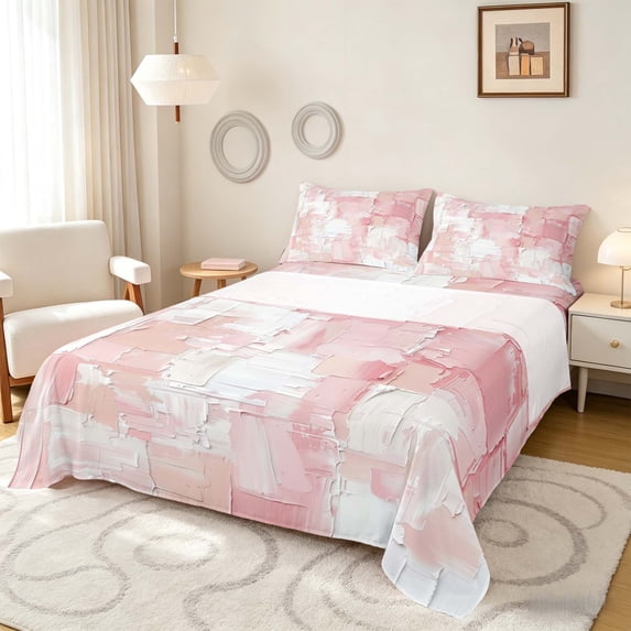 Manfei Abstract Geometric Block Bed Sheets, Abstract Artwork Fuul Size Sheets, Pink White, Pink Reversible 4pcs1 Flat Sheet + 1 Fitted Sheet + 2 Pillowcases