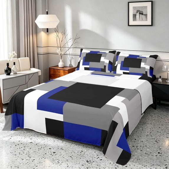 Manfei Abstract Geometric Block Bed Sheets, Geometric Theme Fuul Size Sheets, Blue Black Gray White, Black Reversible 4pcs1 Flat Sheet + 1 Fitted Sheet + 2 Pillowcases