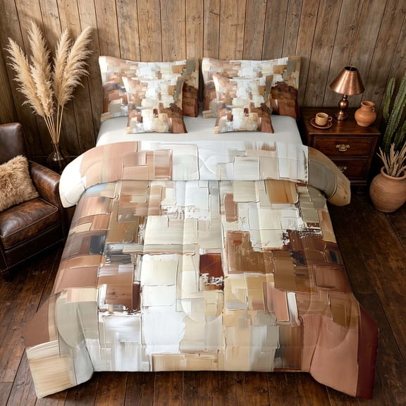 Manfei Abstract Geometric Block Full Size Bedding Sets, Abstract Artwork Full Size Bed in a Bag, Beige Brown, Gray Reversible 7pcs