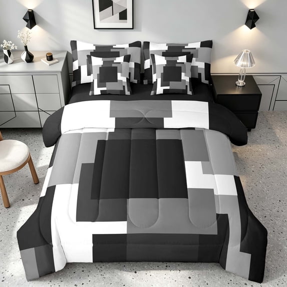 Manfei Abstract Geometric Block Full Size Bedding Sets, Geometric Theme Full Size Bed in a Bag, Gray Black White, Black Reversible 7-Piece