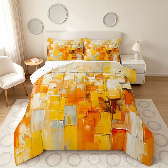 Manfei Abstract Geometric Block Full Size Comforter Sets, Abstract Artwork Bedding Comforter Set, Orange Yellow White, Reversible 3pcs, 1 Comforter and 2 Pillowcases