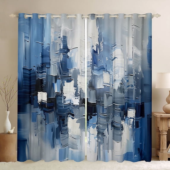 Manfei Abstract Geometric Block Kitchen Curtains, Abstract Artwork Black Out Curtains Pack of 2 (42x63 Each), Blue White Gray