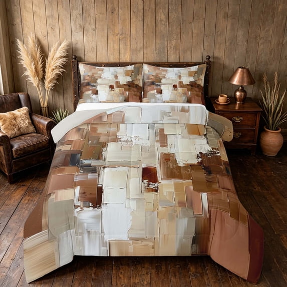 Manfei Abstract Geometric Block Queen Comforter Set, Abstract Artwork Comforter Sets Queen, Beige Brown, Gray Reversible 3-Piece, 1 Comforter and 2 Pillowcases
