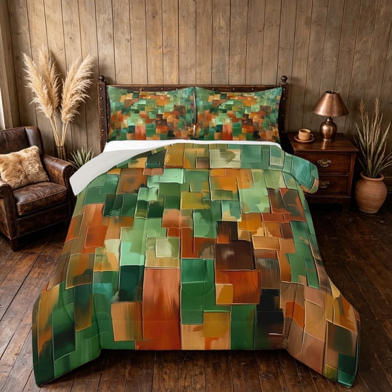 Manfei Abstract Geometric Block Queen Comforter Set, Abstract Artwork Comforter Sets Queen, Green Orange Brown, Gray Reversible 3-Piece, 1 Comforter and 2 Pillowcases