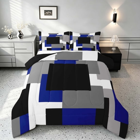 Manfei Abstract Geometric Block Queen Comforter Set, Geometric Theme Comforter Sets Queen, Blue Black Gray White, Black Reversible 3pcs, 1 Comforter and 2 Pillowcases
