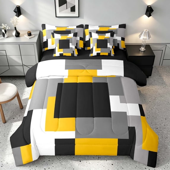 Manfei Abstract Geometric Block Twin Bedding, Geometric Theme Bedding Comforter Set, Yellow Black Gray White, Black Reversible 7pcs