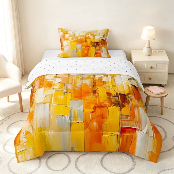 Manfei Abstract Geometric Block Twin Comforter Sets, Abstract Artwork Bedding Set, Orange Yellow White, Reversible 2pcs, 1 Comforter and 1 Pillowcase