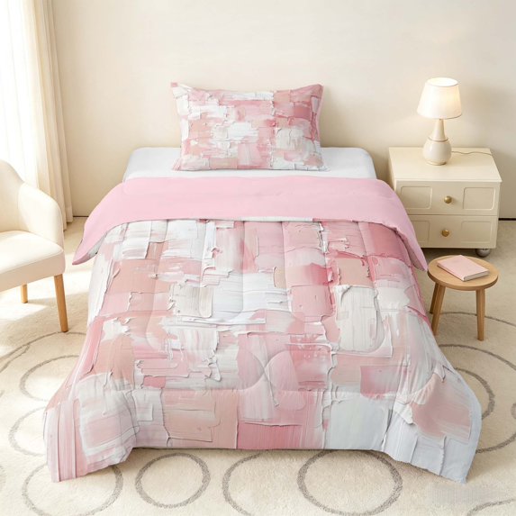 Manfei Abstract Geometric Block Twin Comforter Sets, Abstract Artwork Bedding Set, Pink White, Pink Reversible 2pcs, 1 Comforter and 1 Pillowcase