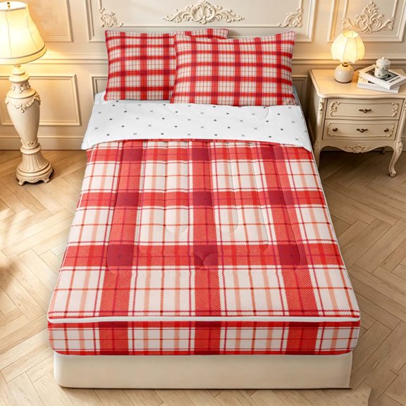 Manfei Abstract Geometric Check Zipper Twin Comforter Sets with Fitted Sheet and 2 Pillowcases,Classic Plaid Zipper Bedding Set,Red Beige,Reversible,4pcs
