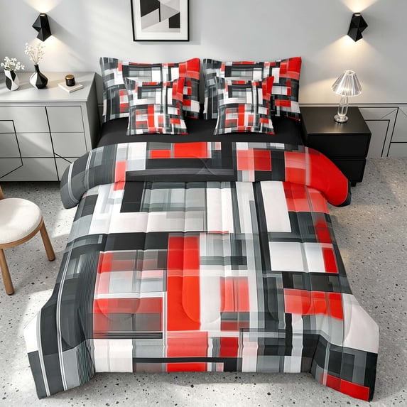 Manfei Abstract Geometric Full Size Bedding Sets, Watercolor Artwork Full Size Bed in a Bag, Red, Black and White, Black Reversible 7pcs