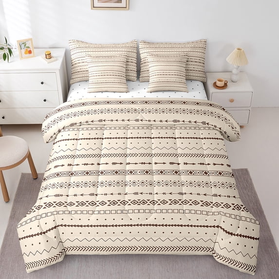 Manfei Abstract Geometric Geometric Bedding Comforter Set 7-Piece,Boho Stripes Lines Queen Bedding Sets,Brown Beige Queen Sheet Sets,Lightweight Room Decor Reversible