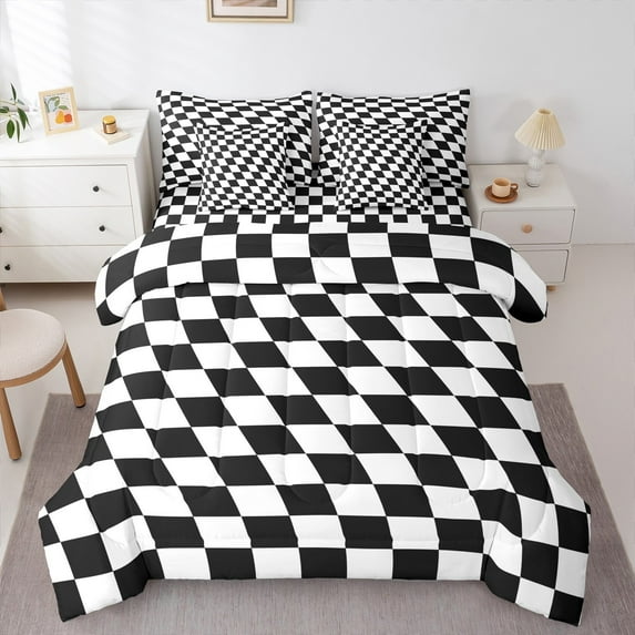 Manfei Abstract Geometric Geometric Bedding Comforter Set 7 Pieces,Piexl Plaid Grid Full Bedding Set,Black White Checkered Fitted Sheet Flat Sheet For Boys Kids,Lightweight Room Decoration,Reversible