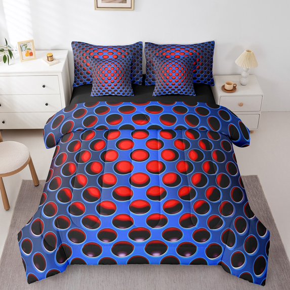 Manfei Abstract Geometric Geometry Bedding Comforter Set 7 Pieces,Stereoscopic Dense Holes Full Bedding Set,Blue Red Fitted Sheet Flat Sheet,Lightweight Room Decoration Reversible
