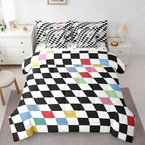 Manfei Abstract Geometric Geometric Bedding Comforter Set 7pcs,Piexl Plaid Grid Queen Bedding Sets,Black Blue Checkered Queen Sheet Sets For Boys Kids,Lightweight Room Decoration,Reversible