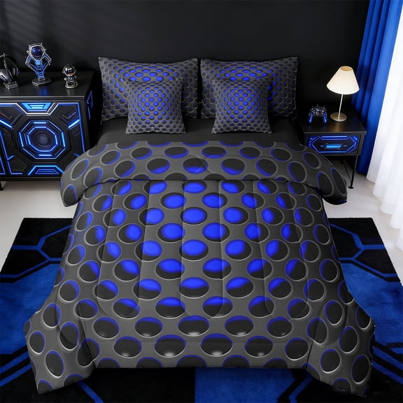 Manfei Abstract Geometric Geometric Twin Bedding Sets 7-Piece,Stereoscopic Dense Holes Bedding Comforter Set 7-Piece,Blue Black Sheet Sets,Lightweight Room Decoration Reversible