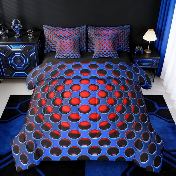 Manfei Abstract Geometric Geometric Twin Bedding Sets 7-Piece,Stereoscopic Dense Holes Bedding Comforter Set 7-Piece,Blue Red Sheet Sets,Lightweight Room Decoration Reversible
