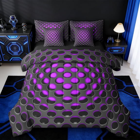 Manfei Abstract Geometric Geometric Twin Bedding Sets 7 Pieces,Stereoscopic Dense Holes Bedding Comforter Set 7 Pieces,Purple Black Sheet Sets,Lightweight Room Decoration Reversible