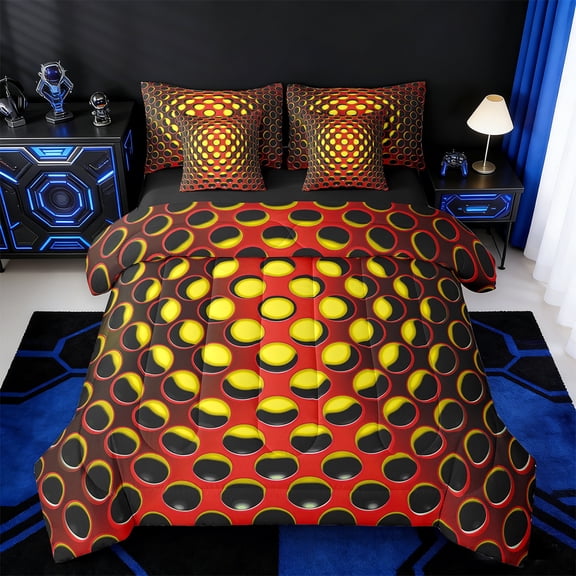 Manfei Abstract Geometric Geometric Twin Bedding Sets 7pcs,Stereoscopic Dense Holes Bedding Comforter Set 7pcs,Yellow Red Sheet Sets,Lightweight Room Decoration Reversible
