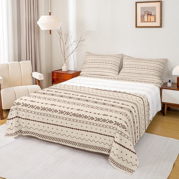 Manfei Abstract Geometric Geometric Twin Sheet Sets,Boho Stripes Lines Twin Fitted Sheet,Brown Beige Flat Sheet,Lightweight Room Decor,3 Pieces