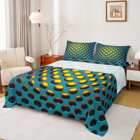 Manfei Abstract Geometric Geometric Twin Sheet Sets,Stereoscopic Dense Holes Twin Fitted Sheet,Yellow Blue Flat Sheet,Lightweight Room Decoration,3pcs
