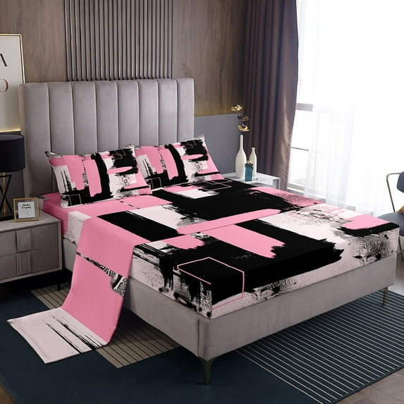 Manfei Abstract Geometric Graffiti Full Size Sheets,Retro Splash Ink Bed Sheets,Pink Black Stripes Sheet Sets For Girls Kids,Ultra Soft Home Decor,4 Pieces