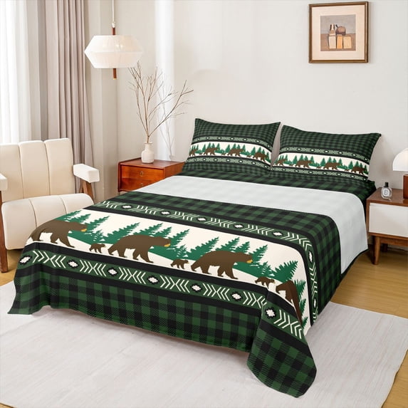 Manfei Abstract Geometric Grid Bed Sheets,Safari Bear Green Pine King Sheets,Country Farmhouse Lodge Sheet Set For Teens,Super Cozy Room Decor,4pcs