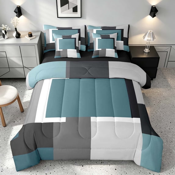 Manfei Abstract Geometric King Bedding, Teal Gray Black WhiteSquare King Bed in a Bag, Black Reversible 7 Pieces