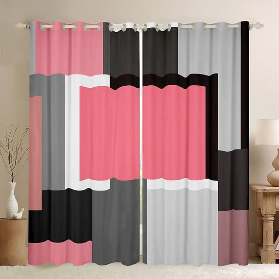 Manfei Abstract Geometric Kitchen Curtains, Pink Gray Black WhiteSquare Black Out Curtains Pack of 2 (42x63 Each)