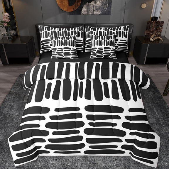 Manfei Abstract Geometric Lines 7-Piece Bedding Comforter Set,Vintage Striped King Bedding Sets,White Black Bed Sheets For Teens,Breathable Home Decor Reversible