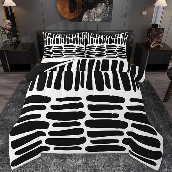 Manfei Abstract Geometric Lines Queen Comforter Set,Vintage Striped Bedding Sets,White Black Bedding Comforter Set For Teens,Breathable Home Decor Reversible,3-Piece